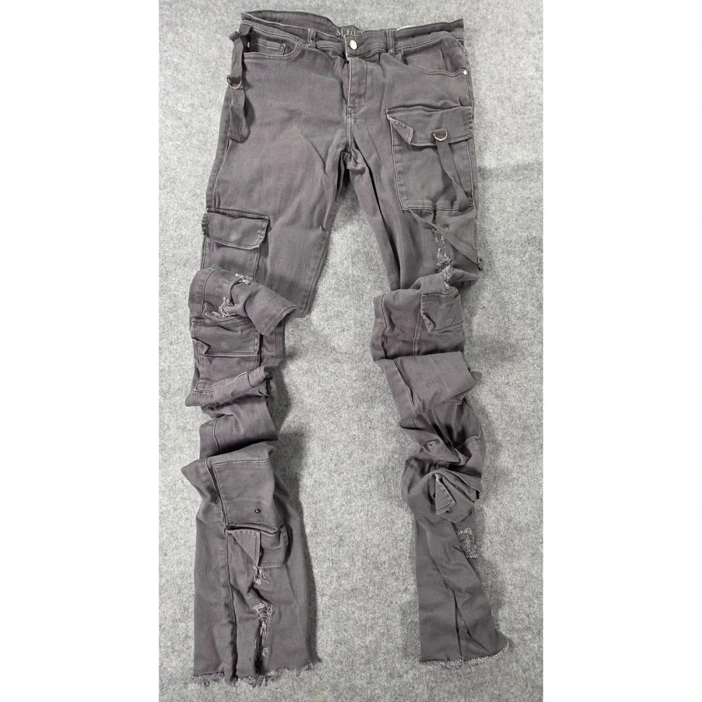 Si Tu Veux Jeans Mens Billy Jean Super Stacked Distressed Cargo Gray 38 Skinny